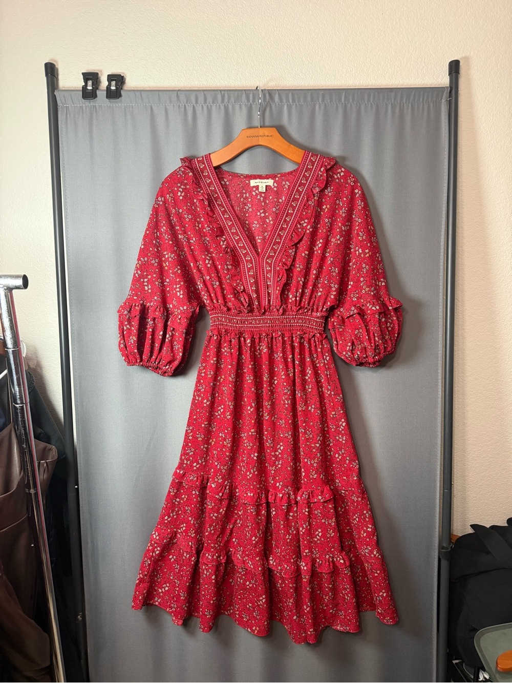 Max Studio Red Floral V-Neck Tiered Midi Dress